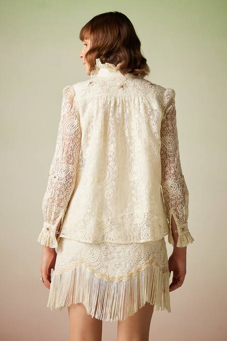 Shop Verb By Pallavi Singhee Ivory Viscose Beads, Embroidery Lace Work Fringe Hem Skirt at Aza Fashions Shop_Verb By Pallavi Singhee_Ivory Viscose Beads, Embroidery Lace Work Fringe Hem Skirt_at_Aza_Fashions