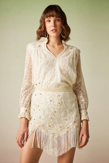 Verb By Pallavi Singhee Ivory Viscose Beads, Embroidery Lace Work Fringe Hem Skirt Online at Aza Fashions Verb By Pallavi Singhee_Ivory Viscose Beads, Embroidery Lace Work Fringe Hem Skirt_Online_at_Aza_Fashions