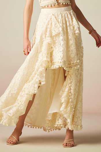 Verb By Pallavi Singhee Ivory Viscose Pom-poms Lace Work High Low Skirt Online at Aza Fashions Verb By Pallavi Singhee_Ivory Viscose Pom-poms Lace Work High Low Skirt_Online_at_Aza_Fashions