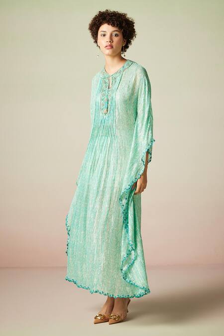 Verb By Pallavi Singhee_Green Viscose, Lurex, Georgette Embroidery Floral Print Scallop Sleeve Kaftan_Online_at_Aza_Fashions