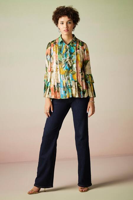 Buy Verb By Pallavi Singhee Multi Color Viscose, Lurex, Georgette Shawl Neck, Collared Printed Ruffle Shirt at Aza Fashions Buy_Verb By Pallavi Singhee_Multi Color Viscose, Lurex, Georgette Shawl Neck, Collared Printed Ruffle Shirt_at_Aza_Fashions