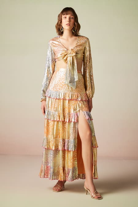 Verb by Pallavi Singhee Multi Color Viscose Lurex Georgette Print Floral Sequin Embellished Crop Top 