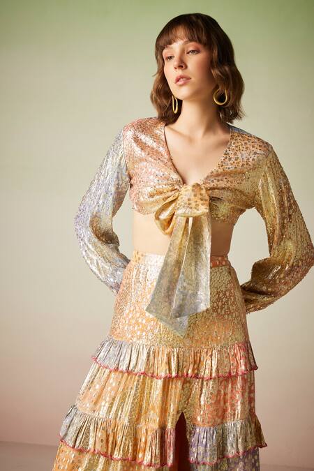 Verb By Pallavi Singhee_Multi Color Viscose, Lurex, Georgette Sequins, Embroidery Embellished Crop Top _Online_at_Aza_Fashions