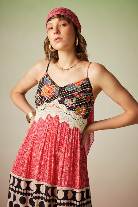 Verb By Pallavi Singhee_Multi Color Viscose, Georgette Embroidery V-neck Floral And Polka Dot Print Dress _Online_at_Aza_Fashions