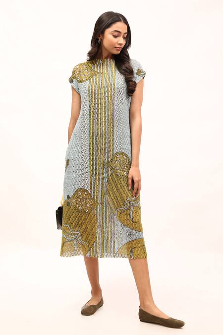 Buy_Kritika Murarka_Blue Cotton, Net, Muslin Open Neck Leaf And Striped Print Shift Dress With Slip _Online_at_Aza_Fashions