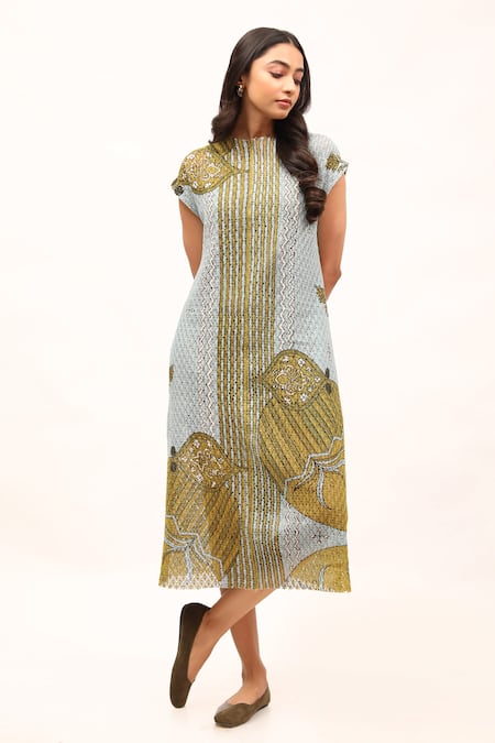 Shop_Kritika Murarka_Blue Cotton, Net, Muslin Open Neck Leaf And Striped Print Shift Dress With Slip _Online_at_Aza_Fashions