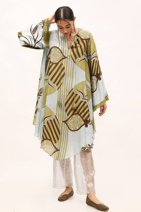 Kritika Murarka_Blue Cotton, Silk Tassels, Lace Split V-neck High-low Tunic_Online_at_Aza_Fashions