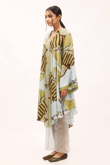 Buy_Kritika Murarka_Blue Cotton, Silk Tassels, Lace Split V-neck High-low Tunic_Online_at_Aza_Fashions