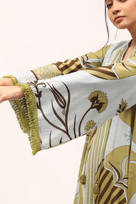 Shop_Kritika Murarka_Blue Cotton, Silk Tassels, Lace Split V-neck High-low Tunic_Online_at_Aza_Fashions