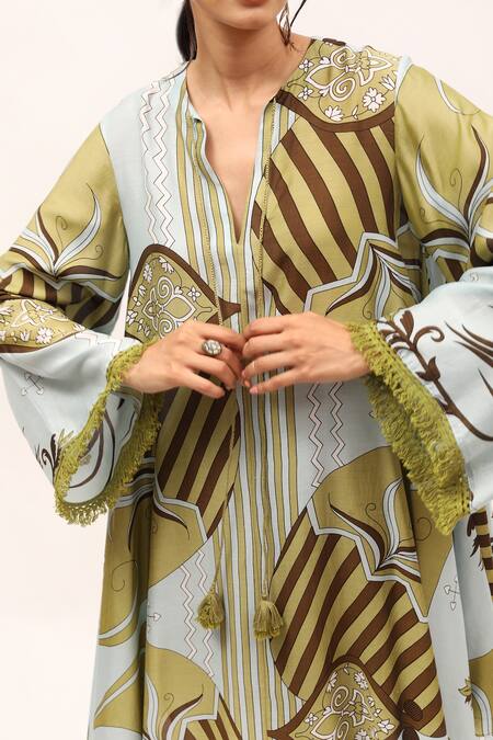 Kritika Murarka_Blue Cotton, Silk Tassels, Lace Split V-neck High-low Tunic_at_Aza_Fashions