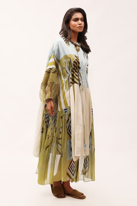 Kritika Murarka_Beige Cotton, Chiffon Lace, Embroidery Round Neck Printed High-low Midi Dress _Online_at_Aza_Fashions
