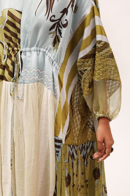 Buy_Kritika Murarka_Beige Cotton, Chiffon Lace, Embroidery Round Neck Printed High-low Midi Dress _Online_at_Aza_Fashions