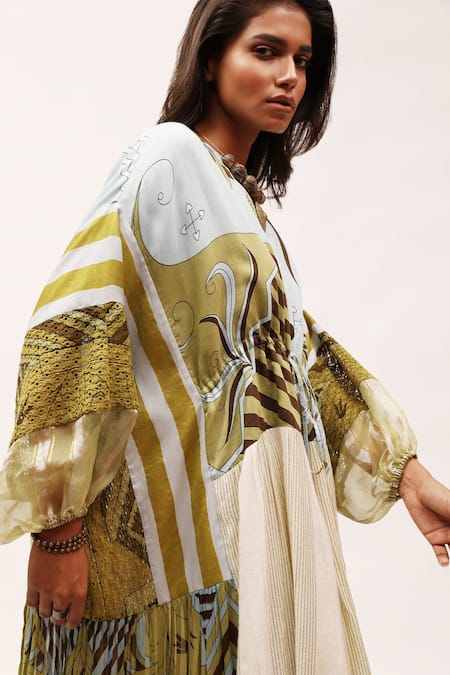 Shop_Kritika Murarka_Beige Cotton, Chiffon Lace, Embroidery Round Neck Printed High-low Midi Dress _Online_at_Aza_Fashions