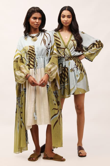 Kritika Murarka_Beige Cotton, Chiffon Lace, Embroidery Round Neck Printed High-low Midi Dress _at_Aza_Fashions