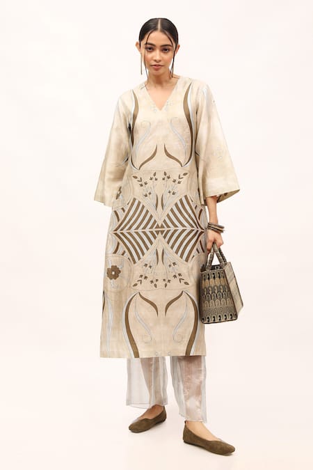 Kritika Murarka_Green Handloom Cotton, Linen V-neck Floral Print Tunic _Online_at_Aza_Fashions