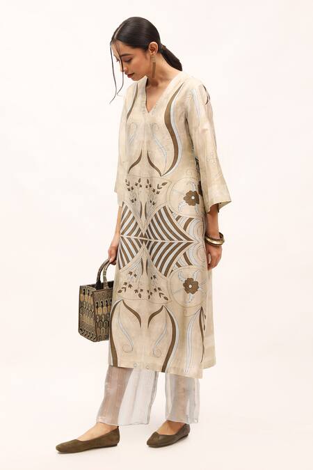 Buy_Kritika Murarka_Green Handloom Cotton, Linen V-neck Floral Print Tunic _Online_at_Aza_Fashions