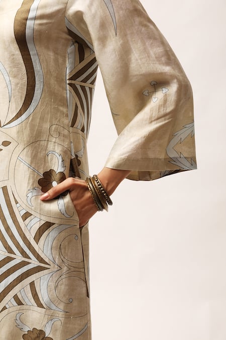 Shop_Kritika Murarka_Green Handloom Cotton, Linen V-neck Floral Print Tunic _Online_at_Aza_Fashions