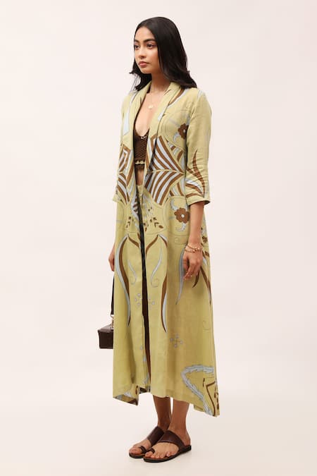 Kritika Murarka_Green Cotton Satin, Linen Shawl Neck Floral Print Jacket _Online_at_Aza_Fashions