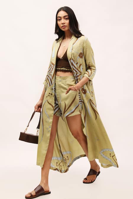 Buy_Kritika Murarka_Green Cotton Satin, Linen Shawl Neck Floral Print Jacket _Online_at_Aza_Fashions