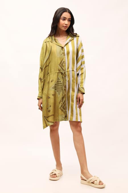 Kritika Murarka_Green Cotton, Silk Collared Printed Shirt Dress _Online_at_Aza_Fashions