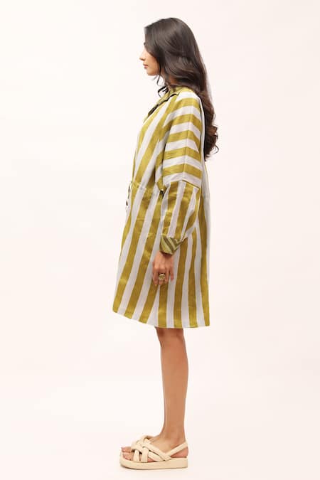 Buy_Kritika Murarka_Green Cotton, Silk Collared Printed Shirt Dress _Online_at_Aza_Fashions