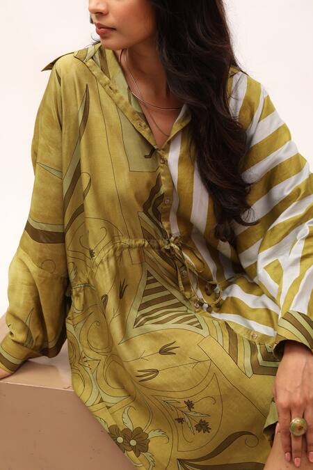 Shop_Kritika Murarka_Green Cotton, Silk Collared Printed Shirt Dress _Online_at_Aza_Fashions
