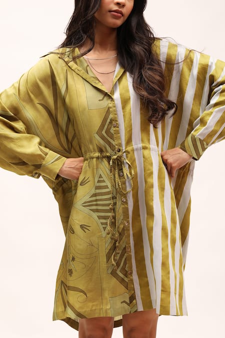 Kritika Murarka_Green Cotton, Silk Collared Printed Shirt Dress _at_Aza_Fashions