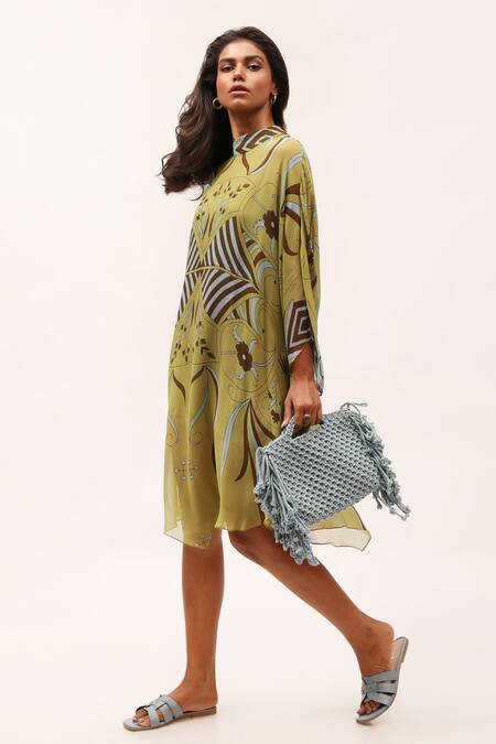 Kritika Murarka_Green Chiffon, Taffeta High Neck Floral Print Dress With Slip_Online_at_Aza_Fashions