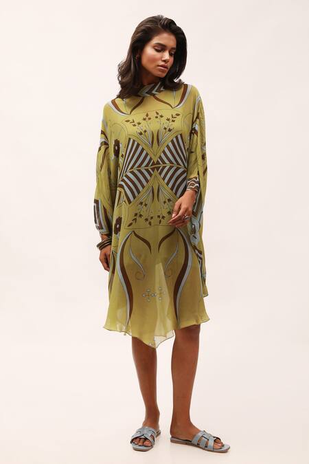 Buy_Kritika Murarka_Green Chiffon, Taffeta High Neck Floral Print Dress With Slip_Online_at_Aza_Fashions