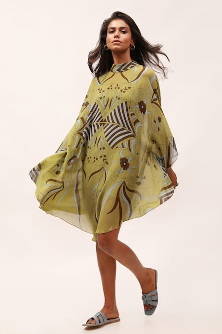 Shop_Kritika Murarka_Green Chiffon, Taffeta High Neck Floral Print Dress With Slip_Online_at_Aza_Fashions