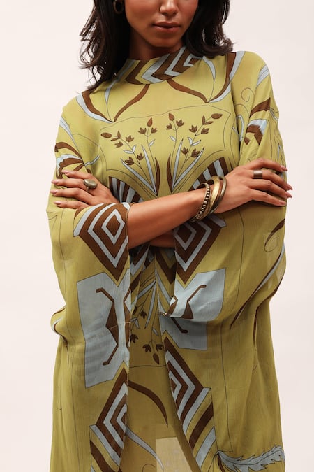 Kritika Murarka_Green Chiffon, Taffeta High Neck Floral Print Dress With Slip_at_Aza_Fashions