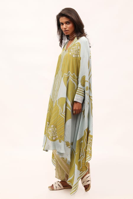 Kritika Murarka_Green Viscose, Crepe, Linen Embroidery V-neck Floral Print Kaftan Dress_Online_at_Aza_Fashions