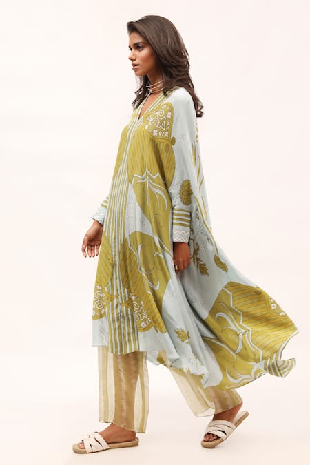 Buy_Kritika Murarka_Green Viscose, Crepe, Linen Embroidery V-neck Floral Print Kaftan Dress_Online_at_Aza_Fashions