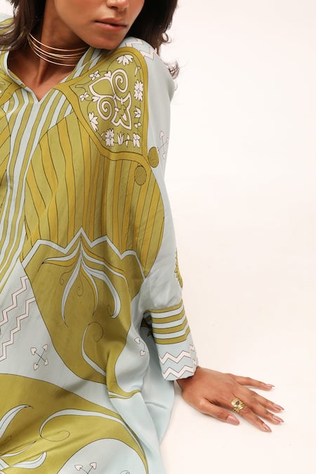 Shop_Kritika Murarka_Green Viscose, Crepe, Linen Embroidery V-neck Floral Print Kaftan Dress_Online_at_Aza_Fashions