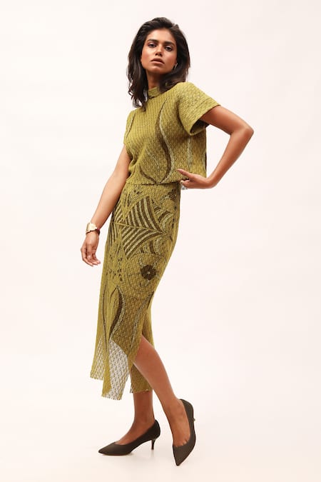 Buy_Kritika Murarka_Green Cotton Embroidery High Neck Floral Print Crop Top And Skirt Set _Online_at_Aza_Fashions