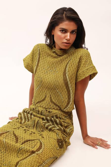 Kritika Murarka_Green Cotton Embroidery High Neck Floral Print Crop Top And Skirt Set _at_Aza_Fashions
