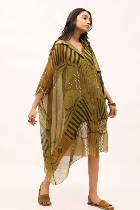 Kritika Murarka_Green Chiffon Collared Printed Shirt Dress _Online_at_Aza_Fashions