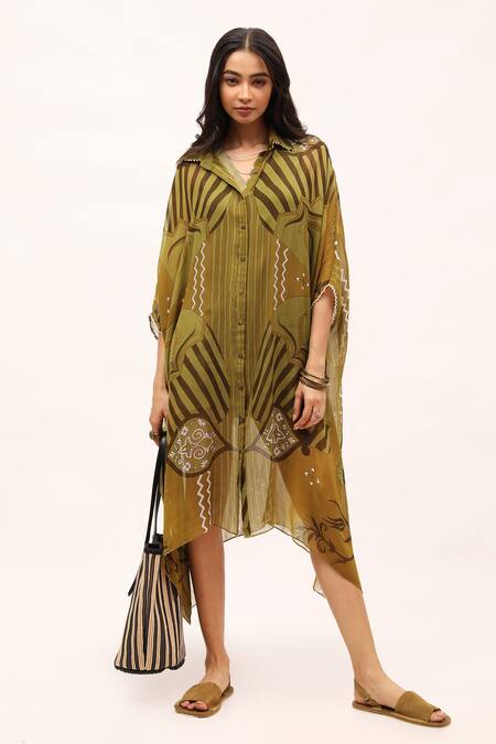 Buy_Kritika Murarka_Green Chiffon Collared Printed Shirt Dress _Online_at_Aza_Fashions