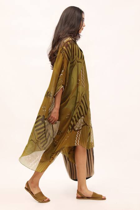 Shop_Kritika Murarka_Green Chiffon Collared Printed Shirt Dress _Online_at_Aza_Fashions