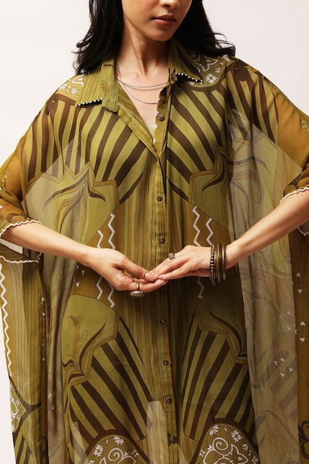 Kritika Murarka_Green Chiffon Collared Printed Shirt Dress _at_Aza_Fashions