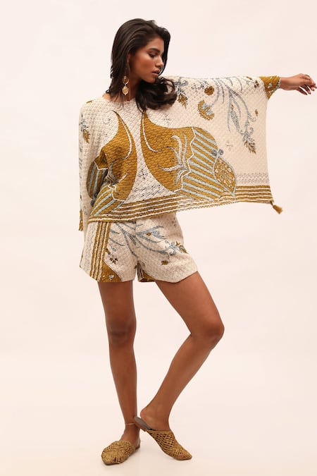 Buy_Kritika Murarka_Off White Cotton, Net Embroidery Round Neck Printed Kaftan Top _Online_at_Aza_Fashions