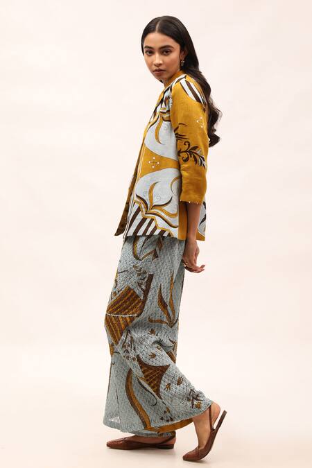 Kritika Murarka_Yellow Cotton Satin Collared Floral Print Boxy-cut Jacket _Online_at_Aza_Fashions
