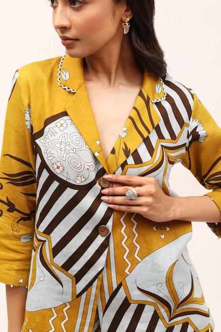 Kritika Murarka_Yellow Cotton Satin Collared Floral Print Boxy-cut Jacket _at_Aza_Fashions