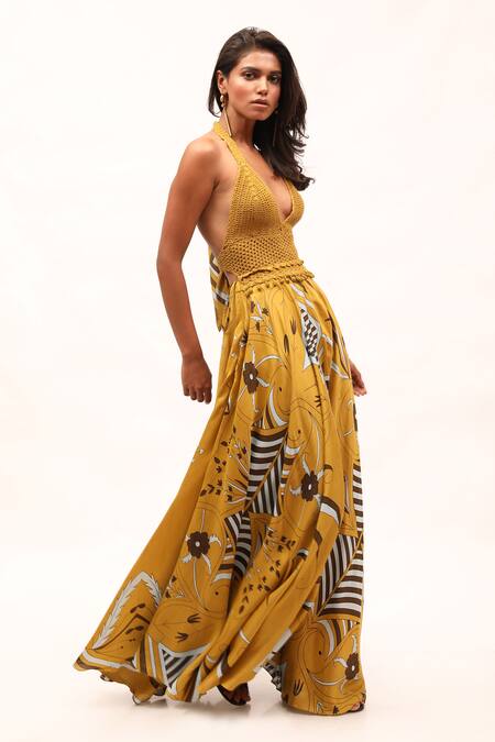 Kritika Murarka_Yellow Cotton, Silk Embroidery Plunge Neck, Printed And Flared Dress _Online_at_Aza_Fashions