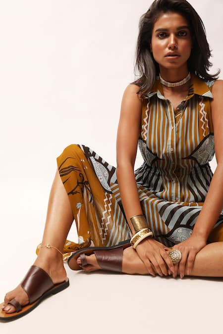 Kritika Murarka_Yellow Chiffon, Taffeta Collared Printed And Gathered Dress _at_Aza_Fashions