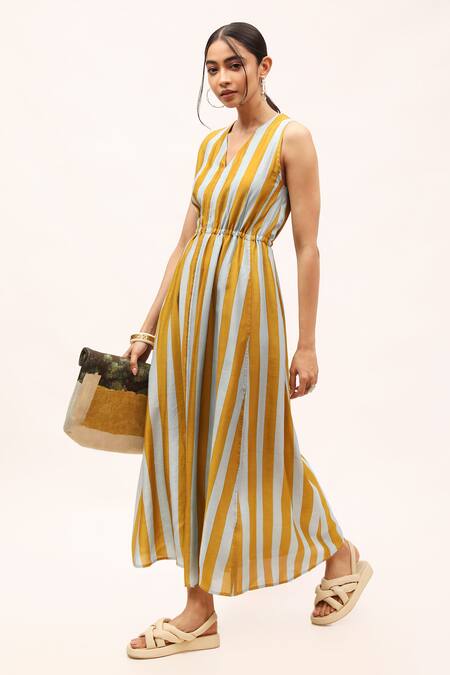 Kritika Murarka_Yellow Cotton, Silk V-neck Striped Print Dress_Online_at_Aza_Fashions