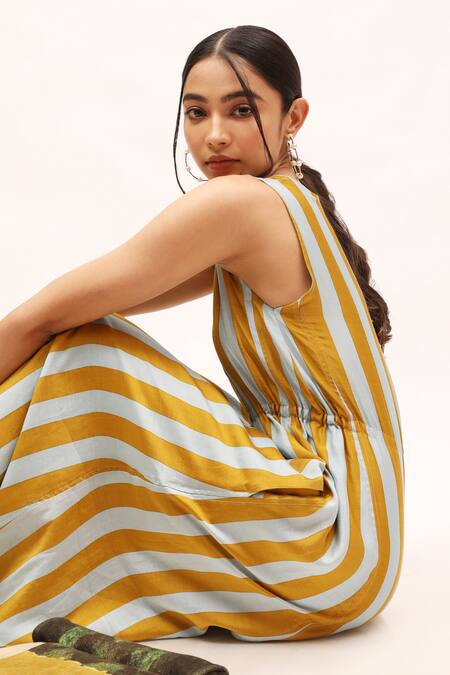 Kritika Murarka_Yellow Cotton, Silk V-neck Striped Print Dress_at_Aza_Fashions