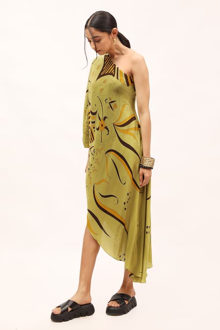 Kritika Murarka_Green Viscose, Crepe One Shoulder Printed Dress_Online_at_Aza_Fashions