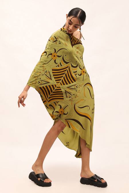 Buy_Kritika Murarka_Green Viscose, Crepe One Shoulder Printed Dress_Online_at_Aza_Fashions