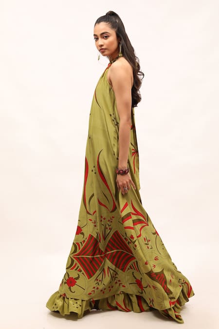 Kritika Murarka_Green Viscose, Crepe Halter Neck Printed Maxi Dress_Online_at_Aza_Fashions